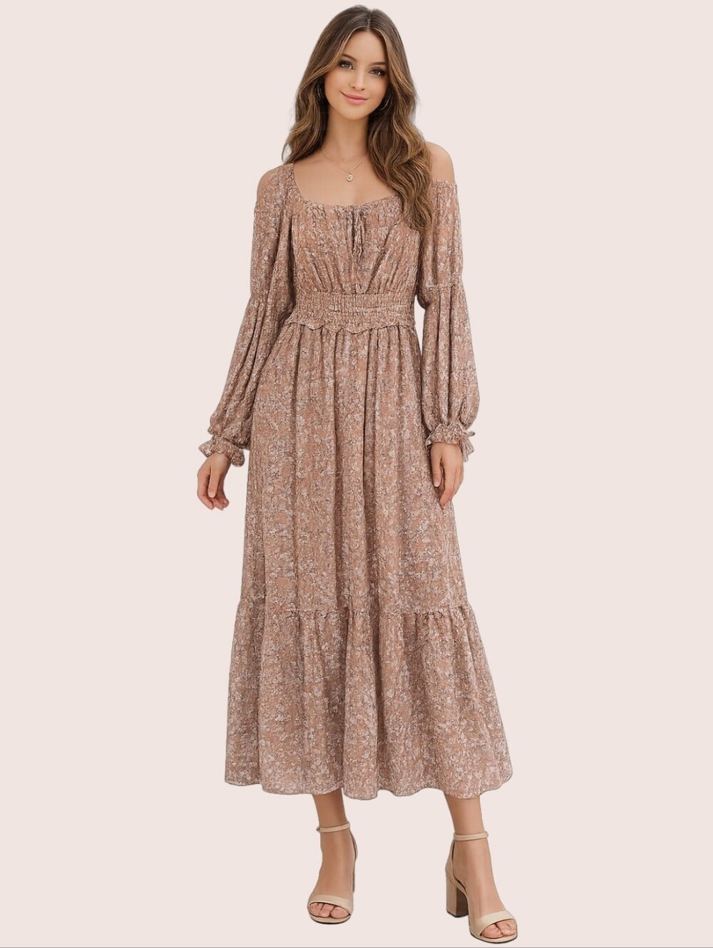 &Merci Boho Smocked Tiered Maxi Dress Size Large Brown/Blue Floral